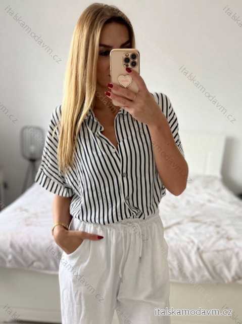 Košile krátký rukáv dámská proužek (S/M ONE SIZE) ITALSKÁ MÓDA IM724040/DUR S / M tmavo modrá
