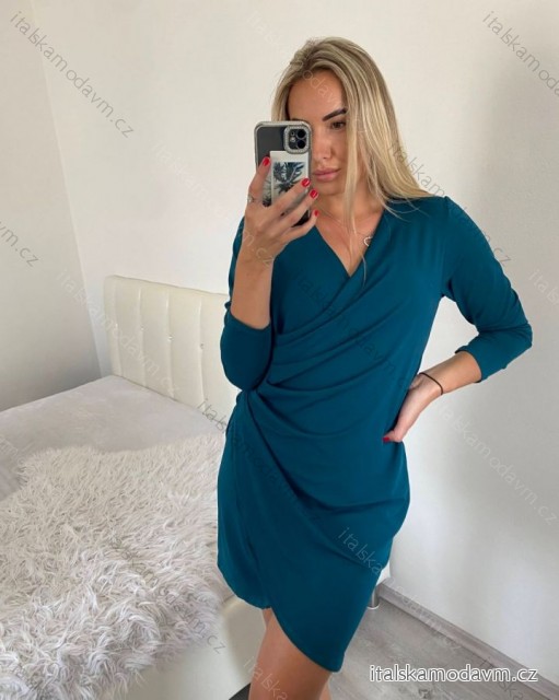 Šaty elegantní dlouhý rukáv dámská (S/M ONE SIZE) ITALSKÁ MÓDA IMM23M8736/DU petrolejová SM