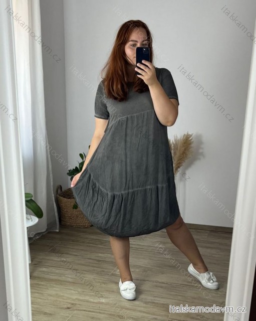 Šaty oválne letné voľnočasové oversize krátky rukáv dámske (XL/2XL/3XL ONE SIZE) TALIANSKA MÓDA IM422510/DUR šedá 2XL/3XL