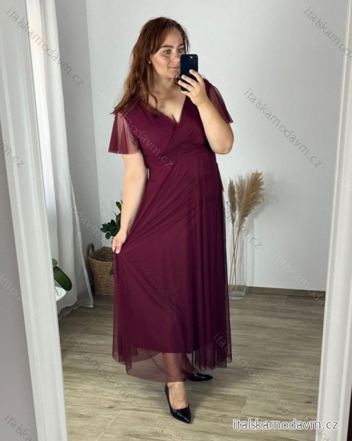 Šaty tylové dlouhé společenské krátký rukáv dámské nadrozměr (50/52 one size) ITALSKÁ MÓDA IMPSH243589V/DR