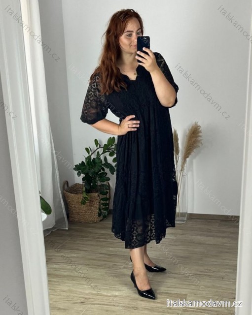 Šaty krajkové letní krátký rukáv dámské nadrozměr (56/58 ONE SIZE) ITALSKÁ MODA IMSM24013/DR 56/58 Černá