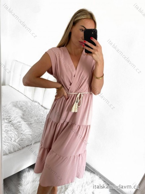 Šaty letní s páskem krátký rukáv dámské (S/M ONE SIZE) ITALSKÁ MÓDA IMM23M7739/DUR S/M starorůžová