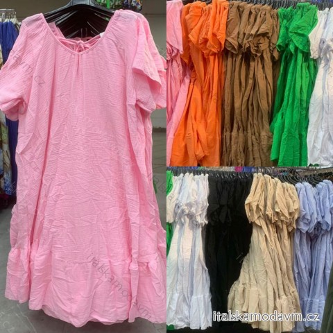 Šaty mušelínové krátký rukáv dámské nadrozměr (54/56/58 ONE SIZE) ITALSKÁ MÓDA IMWEC24186/DR - béžová - 56/58