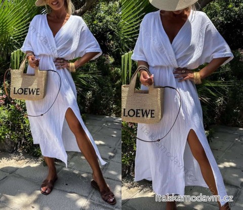 Šaty dlouhé letní krátký rukáv mušelín dámské (S/M/L ONE SIZE) ITALSKÁ MÓDA IMWAE24104/DUR -   hnědá -   M/L