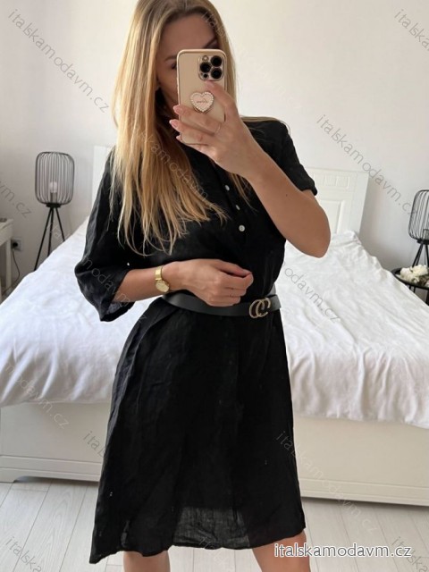 Šaty ľanové košeľové letné dámske (L/XL ONE SIZE) TALIANSKA MODA IM722LENA/DR - Čierna - S/M