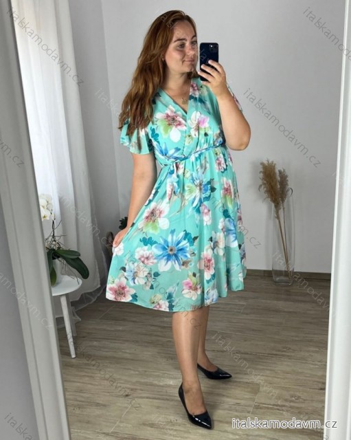 Šaty letné šifónové krátky rukáv dámske nadrozmer (48/50 ONE SIZE) TALIANSKA MÓDA IMWGM24148/DUR tyrkysová 48/50