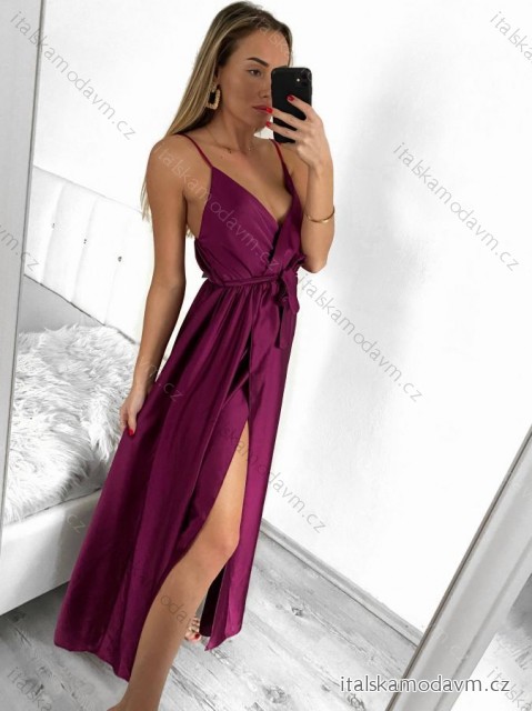 Šaty dlhé letné saténové s opaskom na ramienka dámske (S/M ONE SIZE) TALIANSKA MÓDA IMM22INFINITE fialová