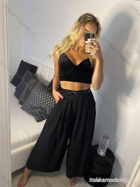 Kalhoty s páskem široké nohavice dlouhé letní dámské (S/M ONE SIZE) ITALSKá MODA IM424383/DU S/M Černá