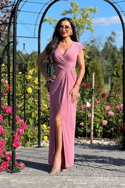Šaty dlhé spoločenské krátky rukáv dámske nadrozmer (34-50 ONE SIZE) POLSKÁ MÓDA PMLEL24DIANA3 ružová staroružová 34