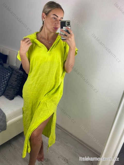 Šaty oversize s kapucňou ľanové krátky rukáv dámska nadrozmer (L/XL/2XL ONE SIZE) TALIANSKA MóDA IM522181