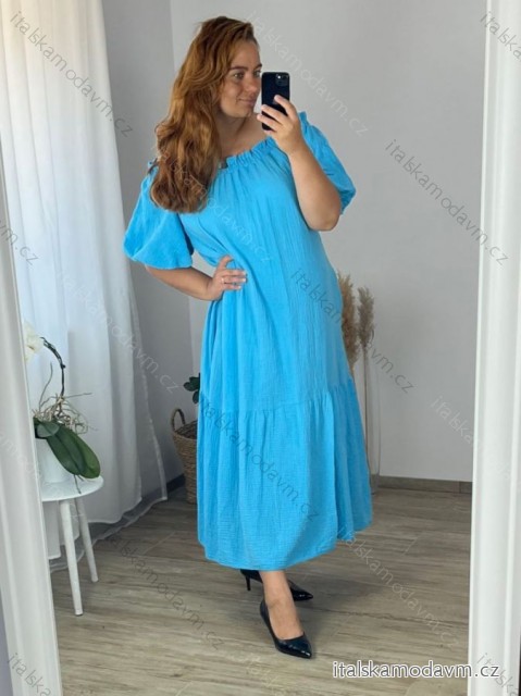 Šaty dlhé mušelínové letné carmen dlhý rukáv dámske nadrozmer (54/56 ONE SIZE) TALIANSKA MÓDA IMWEC24LADO/DR -   svetlo modrá -