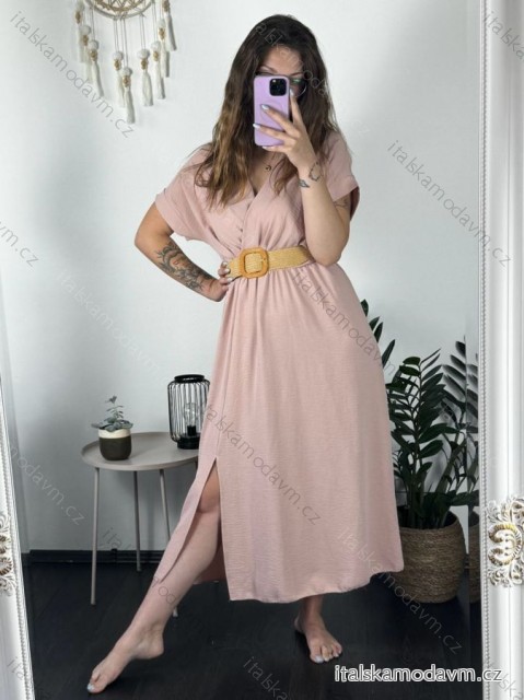 Šaty letní košilové s páskem krátký rukáv dámské (S/M/L ONE SIZE) ITALSKá MóDA IM424486/DR růžová starorůžová M/L