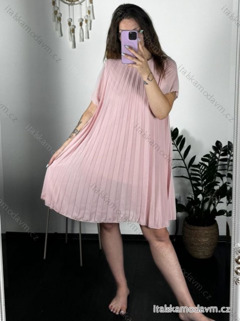 Šaty skladané krátky rukáv dámske (S/M/L  ONE SIZE) TALIANSKA MóDA IM424372 růžová světlá M / L