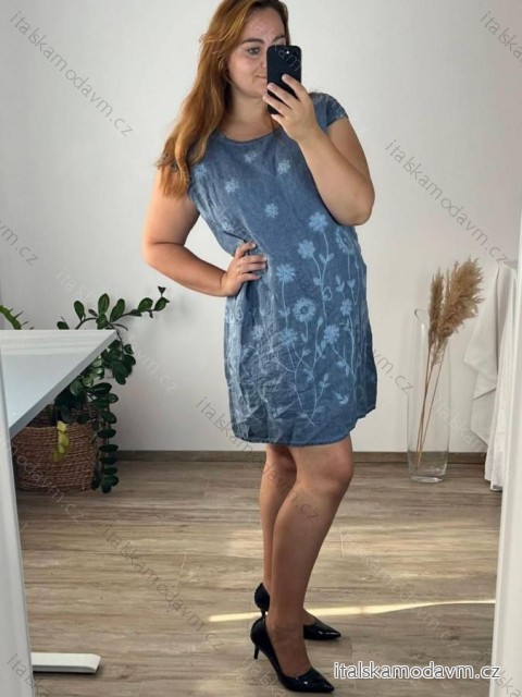 Šaty letní lněné krátký rukáv dámské (M-60) ITALSKá MóDA IM424FLOWER1/DR -   světle modrá -   60