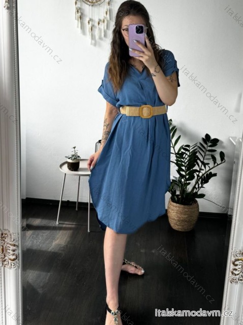 Šaty dlouhé letní s páskem krátký rukáv dámské (S/M/L ONE SIZE) ITALSKÁ MÓDA IMC24264/DR modrá džínová M/L