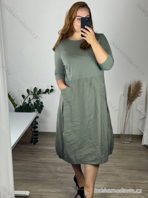 Šaty volnočasové bavlněné 3/4 rukáv dámské nadrozměrné (40-50) POLSKÁ MÓDA PMF24MARGARITA/DUR -   zelená khaki -   46