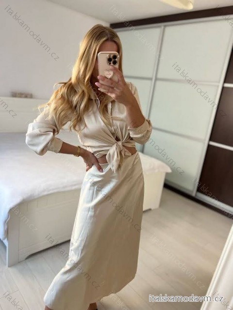 Košile dlouhý rukáv saténová dámská (S/M ONE SIZE) ITALSKÁ MÓDA IMM23UN7988/DU -   béžová -   S/M