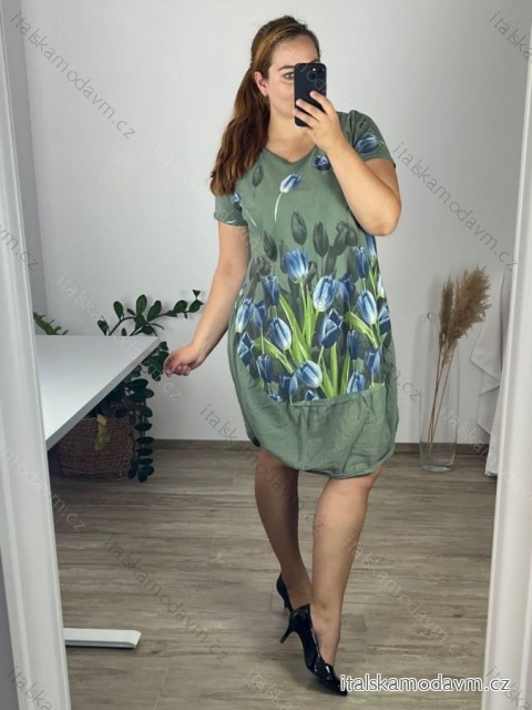 Šaty krátky rukáv dámske nadrozmer (XL/2XL ONE SIZE) TALIANSKA MÓDA IM423TULIP/DUR khaki