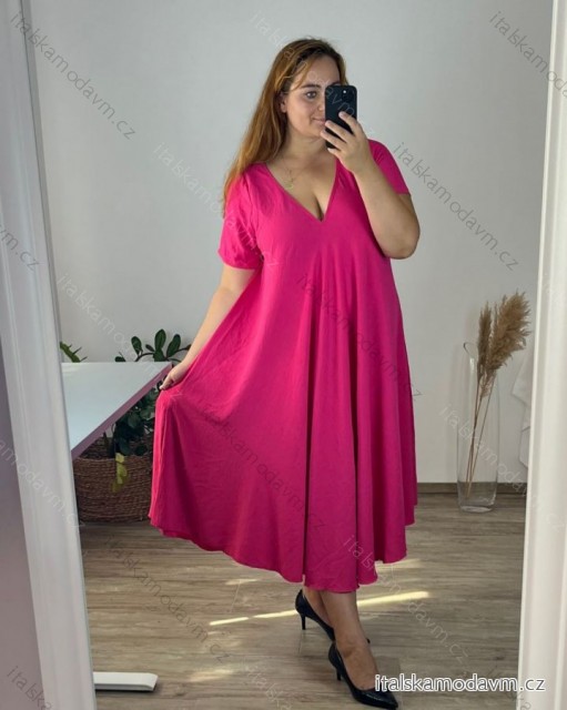 Šaty letné krátky rukáv dámske nadrozmer (58/60 ONE SIZE) TALIANSKA MÓDA IM424357/DUR tm. růžová 58/60