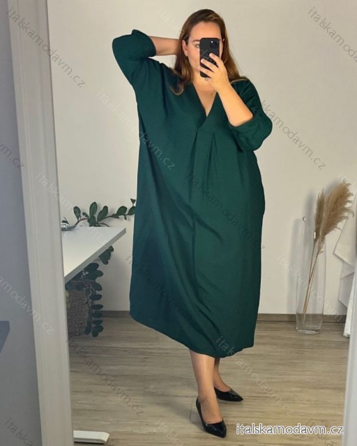 Šaty elegantní dlhý rukáv dámske nadrozmer (56/58 ONE SIZE) TALIANSKA MóDA IM424MARIONA/DU 56/58 tmavo smaragdová