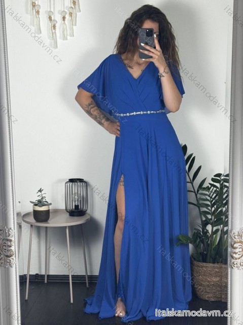 šaty dlouhé elegantní společenské krátký rukáv dámské (M/L ONE SIZE) ITALSKÁ MÓDA IMM24XF50124/DUR modrá kráľovská M / L
