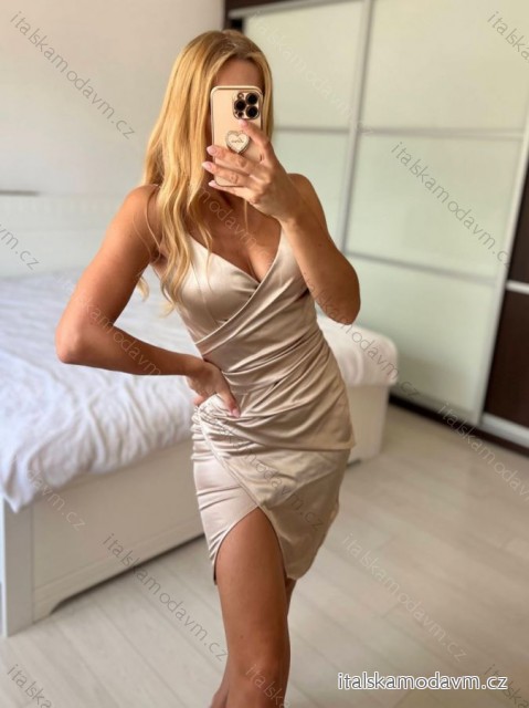 Šaty elegantní společenské krátké saténové na ramínka dámské (S/M ONE SIZE) ITALSKá MóDA IM322305/DR -   béžová -   S/M