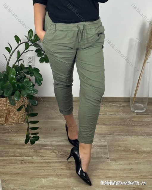 Kalhoty strečové dámské nadrozměr (54/56 ONE SIZE) ITALSKá MóDA IM424555/DU 54/56 zelená khaki
