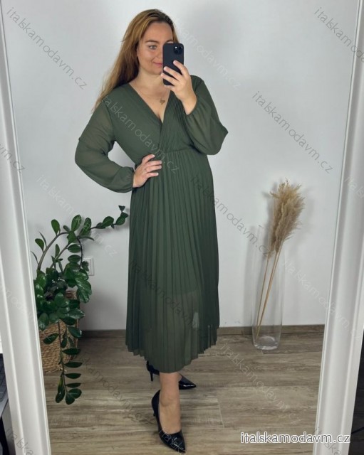 Šaty šifonové plisované elegantní dlouhý rukáv dámské nadrozměr (48/50/52 ONE SIZE) ITALSKÁ MÓDA IMD24312/DUR zelená khaki 48/50/52