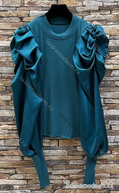 Halenka saténová dlouhý rukáv dámská (S/M/L ONE SIZE) ITALSKÁ MÓDA IMPES24AYO modrá petrolejová S/M/L