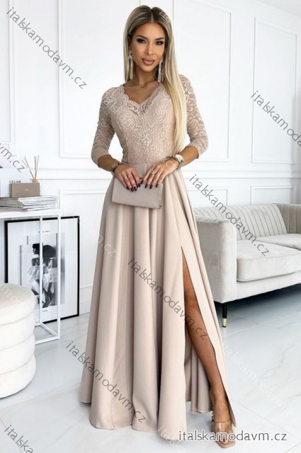 309-10 AMBER krajkové, elegantní dlouhé šaty s výstřihem a rozparkem na nohavicích - béžové béžová XL