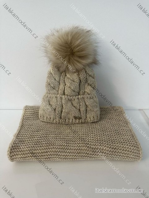 Súprava čiapky a nákrčník zimná dámska (ONE SIZE) POLSKÁ VÝROBA VELIO  PVF243994/DR ONE SIZE béžová