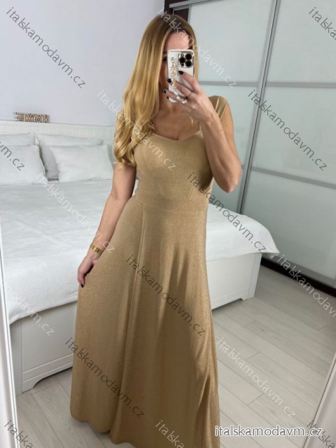 Šaty dlhé elegantné spoločenské trblietavé na ramienka dámske (S/M/L ONE SIZE) TALIANSKA MÓDA IM424771/DU -   béžová -   S / M