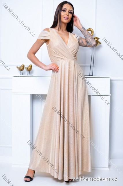 Šaty dlouhé elegantní společenské třpytivé bez rukávu dámské nadrozměr (36-52) POLSKÁ MÓDA PMLBF24GALAA3 béžová krémová 50