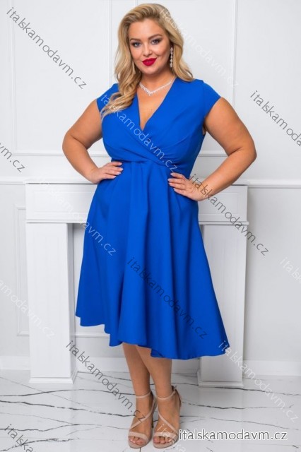 Šaty elegantné spoločenské krátky rukáv dámske nadrozmer (36-50) POLSKÁ MÓDA PMLBF24NICOL1 modrá kráľovská 44
