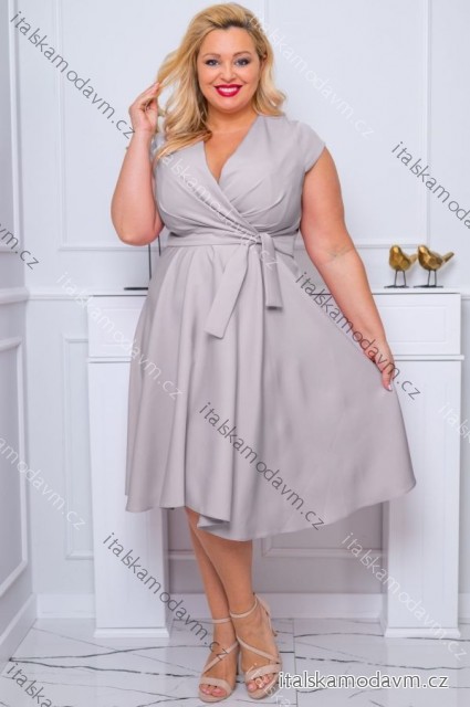 Šaty elegantní společenské krátký rukáv dámské nadrozměr (36-50) POLSKÁ MÓDA PMLBF24NICOL2 šedá 36