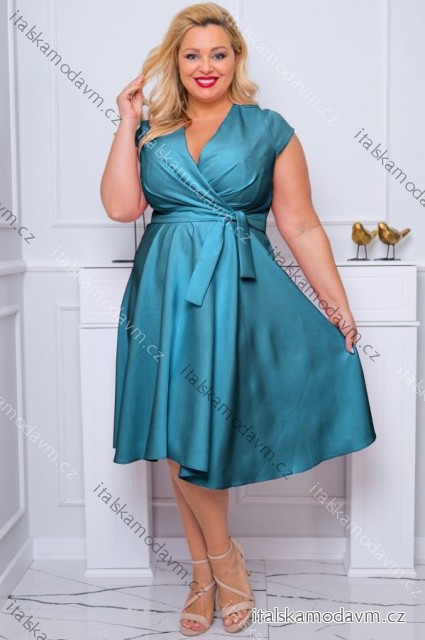 Šaty elegantní společenské krátký rukáv dámské nadrozměr (36-50) POLSKÁ MÓDA PMLBF24NICOL4 tyrkysová 38