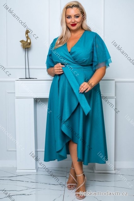 Šaty elegantné lesklé krátky rukáv dámske nadrozmer (44-54) POLSKÁ MÓDA PMLBF24ELENA6 tyrkysová 44