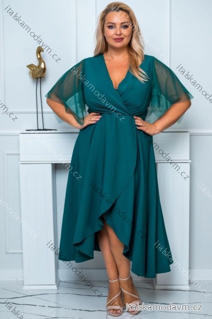 Šaty elegantní lesklé krátký rukáv dámské nadrozměr (44-54) POLSKÁ MÓDA PMLBF24ELENA7 zelená 48