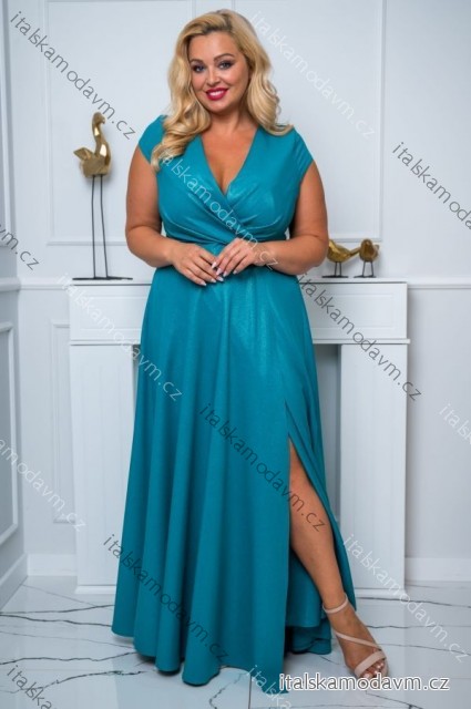 Šaty dlhé elegantné spoločenské lesklé krátky rukáv dámske nadrozmer (44-50) POLSKÁ MÓDA PMLBF24NATALIA modrá azúrová 50