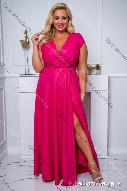 Šaty dlhé elegantné spoločenské lesklé krátky rukáv dámske nadrozmer (44-50) POLSKÁ MÓDA PMLBF24NATALIA2 růžová fuchsiová 46