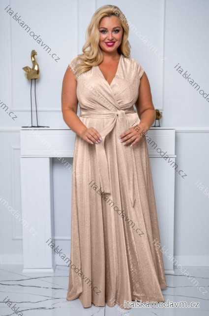 Šaty dlhé elegantné spoločenské lesklé krátky rukáv dámske nadrozmer (44-50) POLSKÁ MÓDA PMLBF24NATALIA8 zlatá 44