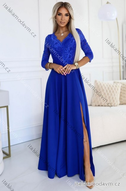 Šaty dlhé elegantné spoločenské krajkové s výstrihom dlhý rukáv (S - 2XL) Poľská móda- Royal blue 309-12 AMBER