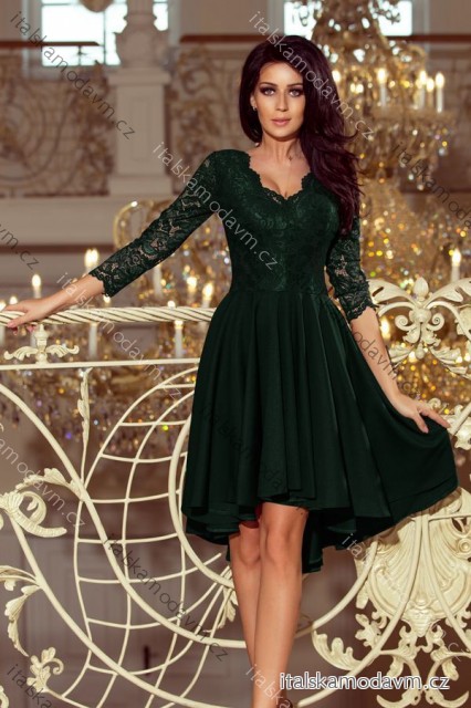 Šaty elegantní společenské s krajkou dlouhý rukáv dámský (S - 3XL) polská moda 210-3 NICOLLE NMC-210-3/DR zelená smaragdová 3XL
