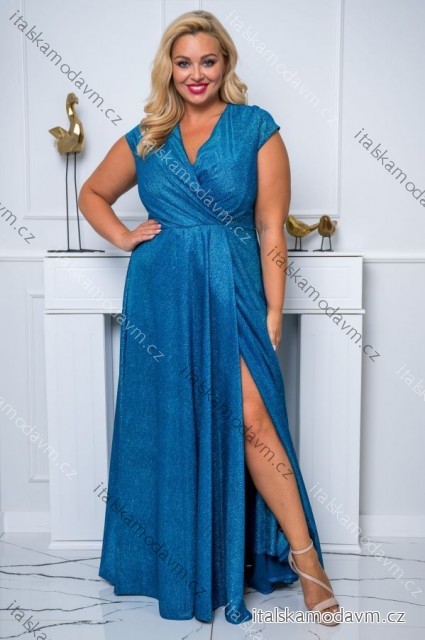 Šaty dlhé elegantné spoločenské trblietavé krátky rukáv dámske nadrozmer (44-50) POLSKÁ MÓDA PMLBF24NATALIA-4 tyrkysová 50