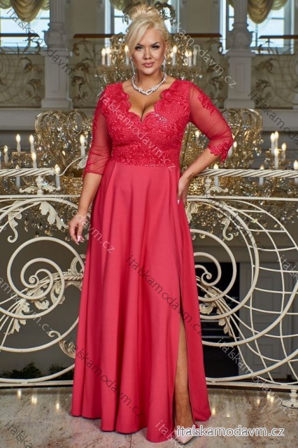 Šaty dlhé elegantné spoločenské 3/4 rukáv dámske nadrozmer (36-56) POLSKÁ MÓDA PMLBF24CARMEN ružová fuchsiová 48