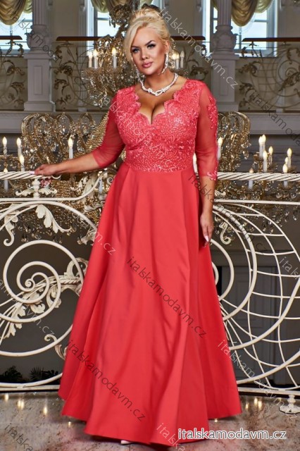 Šaty dlouhé elegantní společenské 3/4 rukáv dámské nadrozměr (36-56) POLSKÁ MÓDA PMLBF24CARMEN1 růžová malinová 40