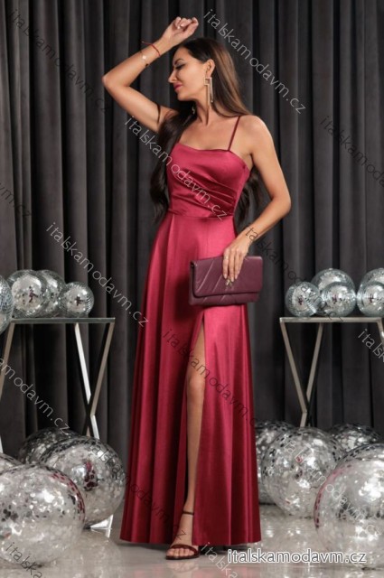 Šaty dlhé spoločenské saténové na ramienka dámske (34-42) POLSKÁ MÓDA PMLEL24NATHALIEA11 vínová 42