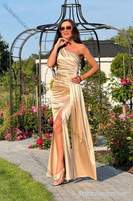 Šaty dlhé saténové spoločenské bez rukávu dámske (34-46) POLSKÁ MÓDA PMLEL24LOREN-8 béžová 38