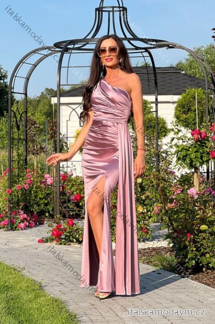Šaty dlouhé saténové společenské bez rukávu dámské (34-46) POLSKÁ MÓDA PMLEL24LOREN-10 růžová 46