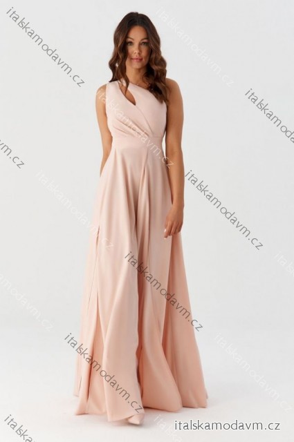 Šaty dlouhé společenské saténové třpytivé bez rukávu dámské madrozměr (34-44) POLSKÁ MÓDA PMLMR25JULIA1 oranžová broskyňová 38